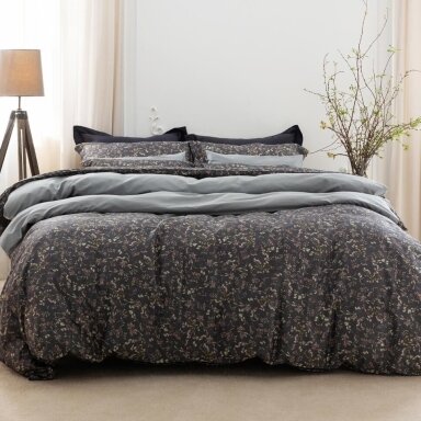 PREMIUM satīna gultas veļas komplekts HERBARY DARK GREY